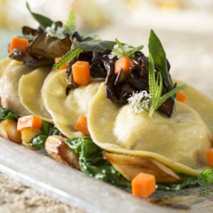 Roasted squash ravioli with root spinach