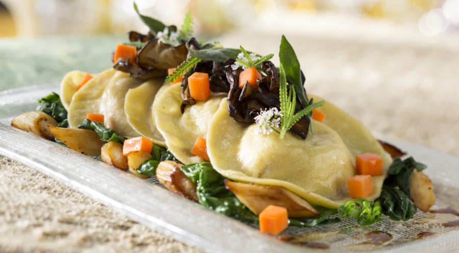 Roasted squash ravioli with root spinach