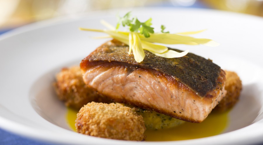 Wild Columbia River salmon with southern sweet corn pudding