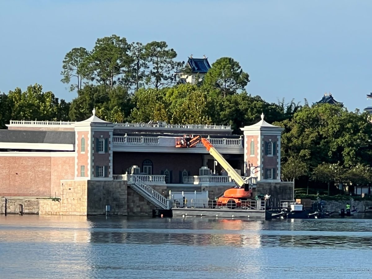 Crews work after a fire at EPCOT damaged the America Gardens Theater.
